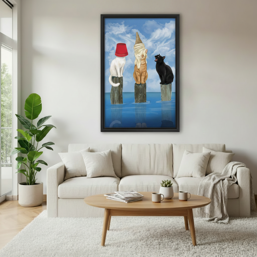 Surreal cats on pier framed canvas wall art above sofa, funny whimsical cat print with red bucket hat and ice cream cone blue sky