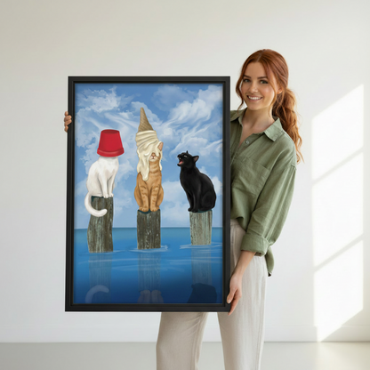 Woman holding large framed surreal cats on pier canvas print, funny whimsical cat wall art with red bucket hat and ice cream cone