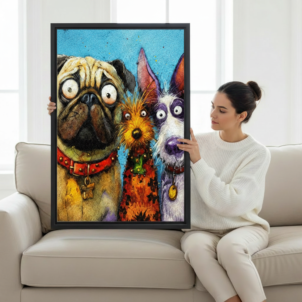 Woman sitting on a cream sofa holding a large black-framed canvas art print of three bug-eyed cartoon dogs including a pug, a wild orange terrier, and a grey schnauzer with expressive faces on a vivid blue background