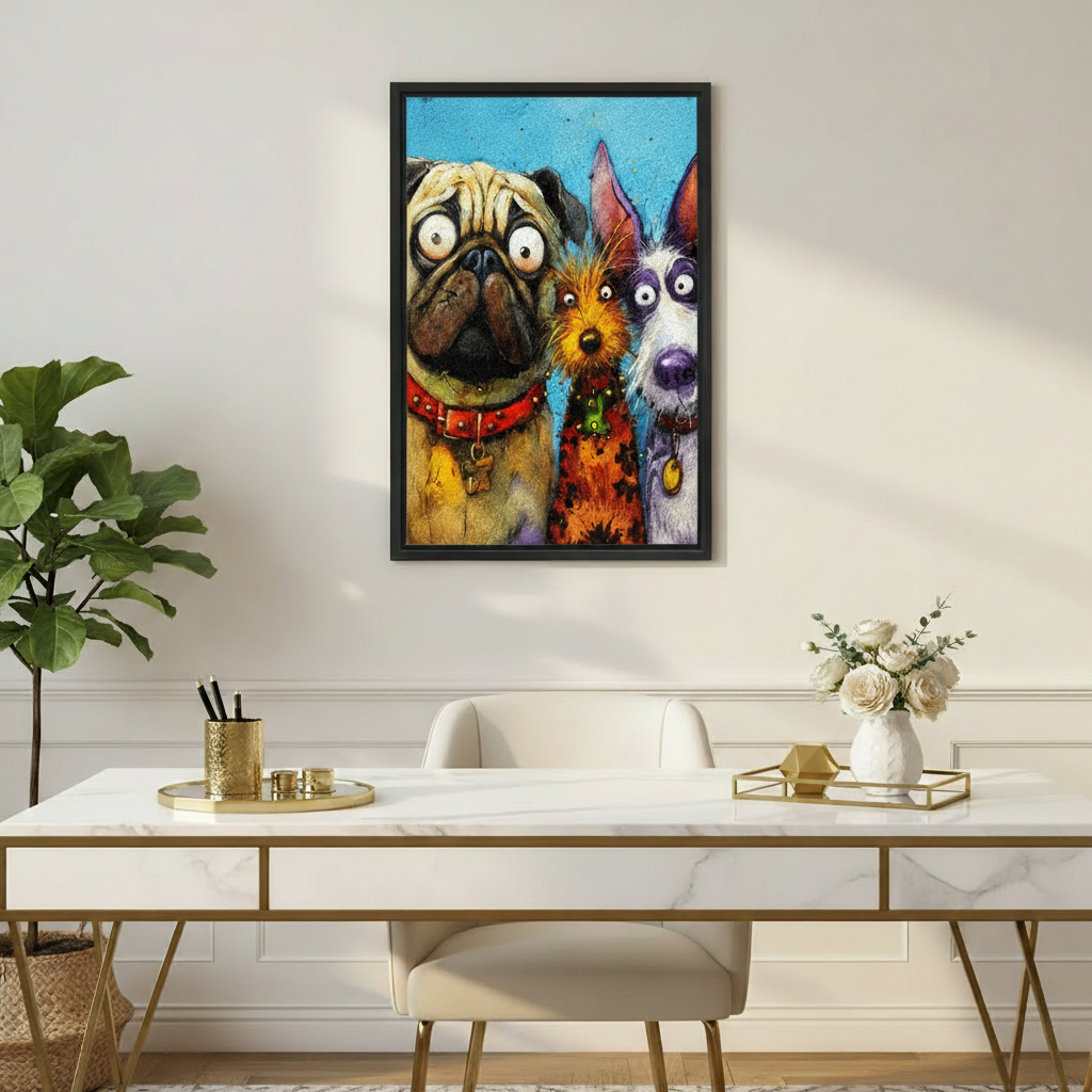 Humorous three dog canvas print in black frame displayed above a marble and gold home office desk, showing a bug-eyed pug with red collar, a wild orange terrier, and a grey schnauzer in a vibrant expressive art style
