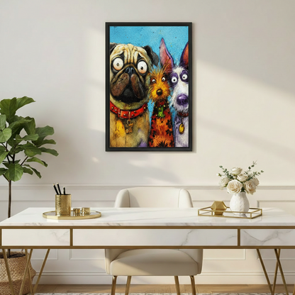 Humorous three dog canvas print in black frame displayed above a marble and gold home office desk, showing a bug-eyed pug with red collar, a wild orange terrier, and a grey schnauzer in a vibrant expressive art style