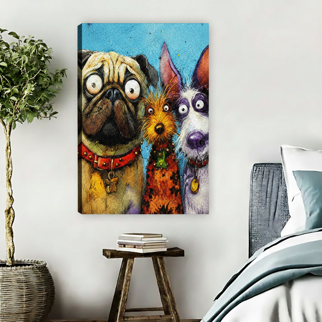 Frameless gallery-wrap canvas of three wide-eyed cartoon dogs — a pug in a red collar, a fluffy orange terrier, and a grey schnauzer — painted in bold expressive brushstrokes on a bright blue background, displayed on a bedroom wall beside a rattan basket plant