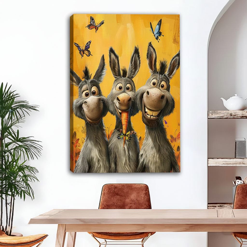 Frameless gallery wrap canvas of three funny donkeys with a carrot and colorful butterflies on a golden yellow background, displayed above a dining table