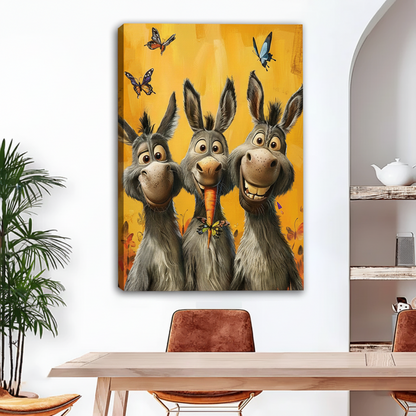 Frameless gallery wrap canvas of three funny donkeys with a carrot and colorful butterflies on a golden yellow background, displayed above a dining table