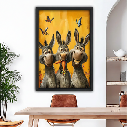  Black framed canvas wall art featuring three expressive donkeys sharing a carrot surrounded by butterflies, hung in a bright dining room with arched doorway