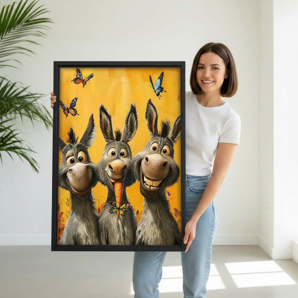 Woman holding a large black framed canvas print of three cheerful donkeys with a carrot and butterflies, showing print size and framing detail