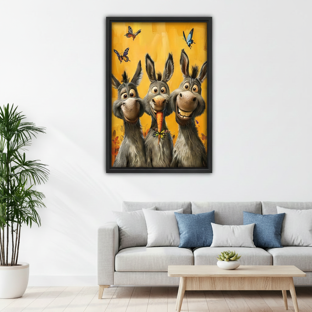 Framed canvas art print of three funny donkeys and colorful butterflies on a warm yellow background, styled above a light grey sofa in a modern living room