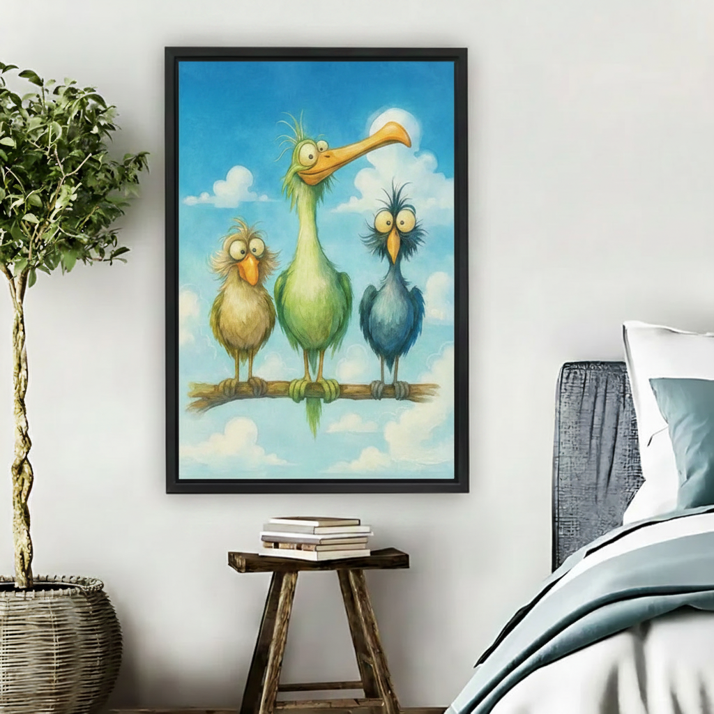 Black framed quirky bird wall art hung in a cozy bedroom beside a rattan plant and wooden stool, featuring three expressive cartoon birds perched together on a branch under a sunny blue sky