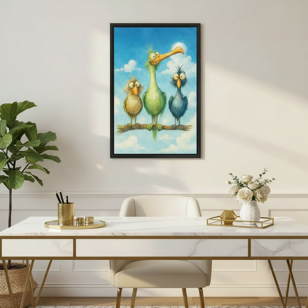 Black framed whimsical bird trio wall art hung above a light grey sofa in a Scandinavian living room, featuring three quirky cartoon birds on a branch with a bright blue cloudy sky background