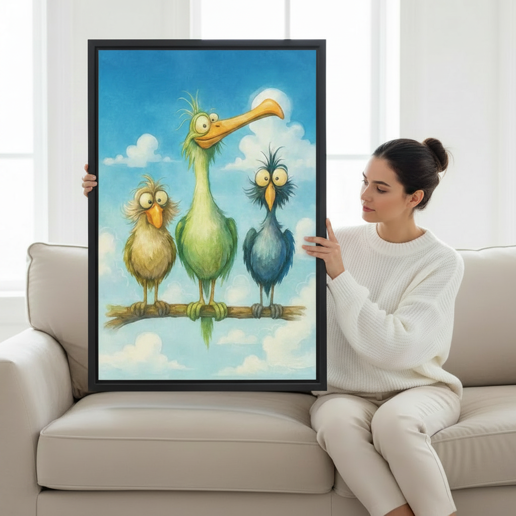Woman holding a large black-framed canvas art print featuring three whimsical cartoon birds perched on a branch against a blue sky, including a tall green bird with a long beak, a fluffy yellow chick, and a spiky blue bird