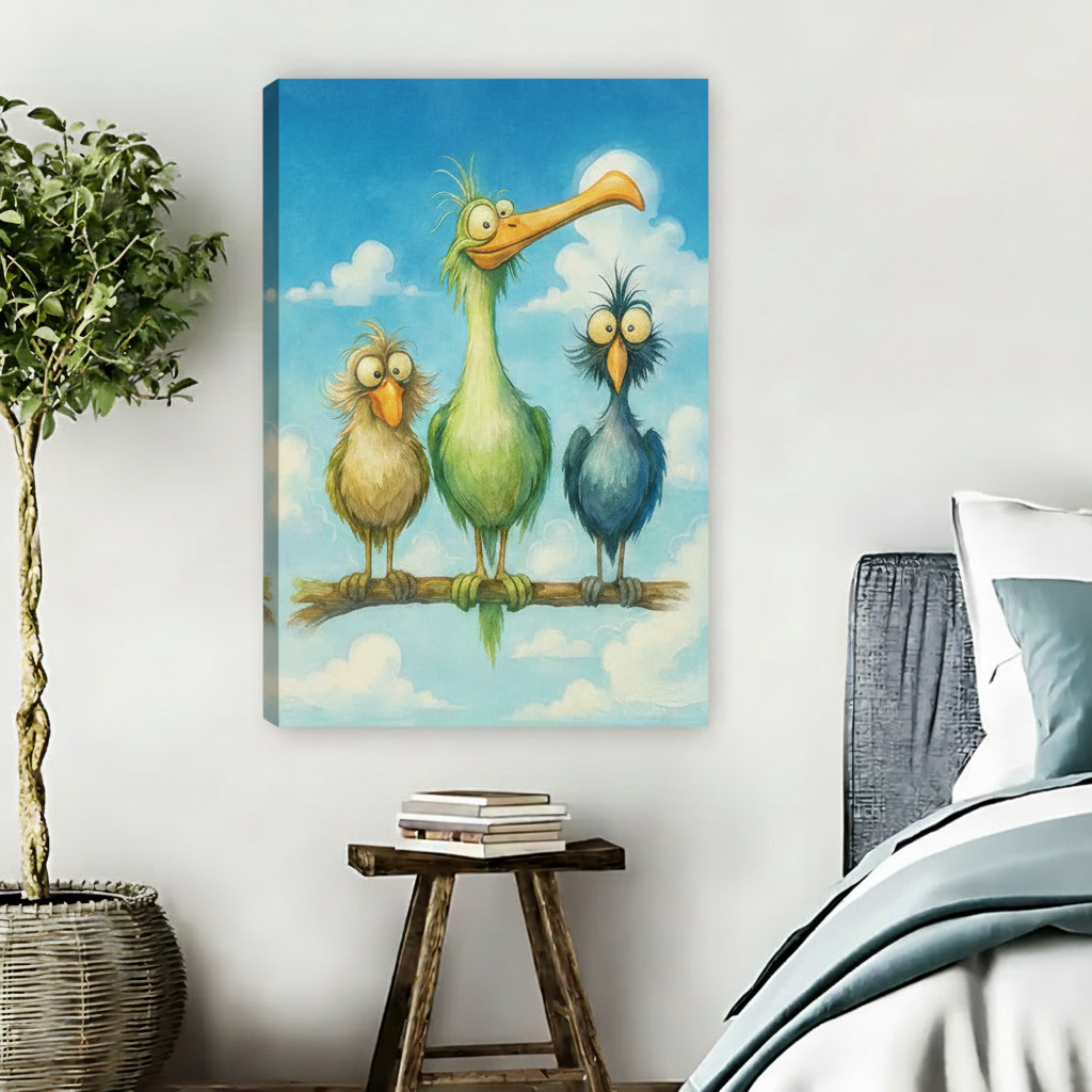 Frameless gallery-wrap canvas of three whimsical birds on a branch displayed in a bedroom, with a tall green bird with a curved beak, a round yellow chick, and a wild-haired blue bird set against a bright cloudy sky
