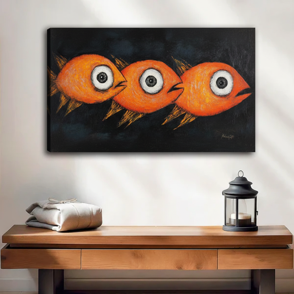 Frameless gallery wrap canvas of three orange big-eyed goldfish with gold fins on dark background, bold expressionist fish wall art for modern entryway