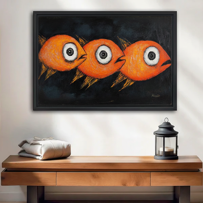 Three orange big eye goldfish expressionist oil painting framed wall art above wooden console table, bold quirky fish canvas for entryway decor
