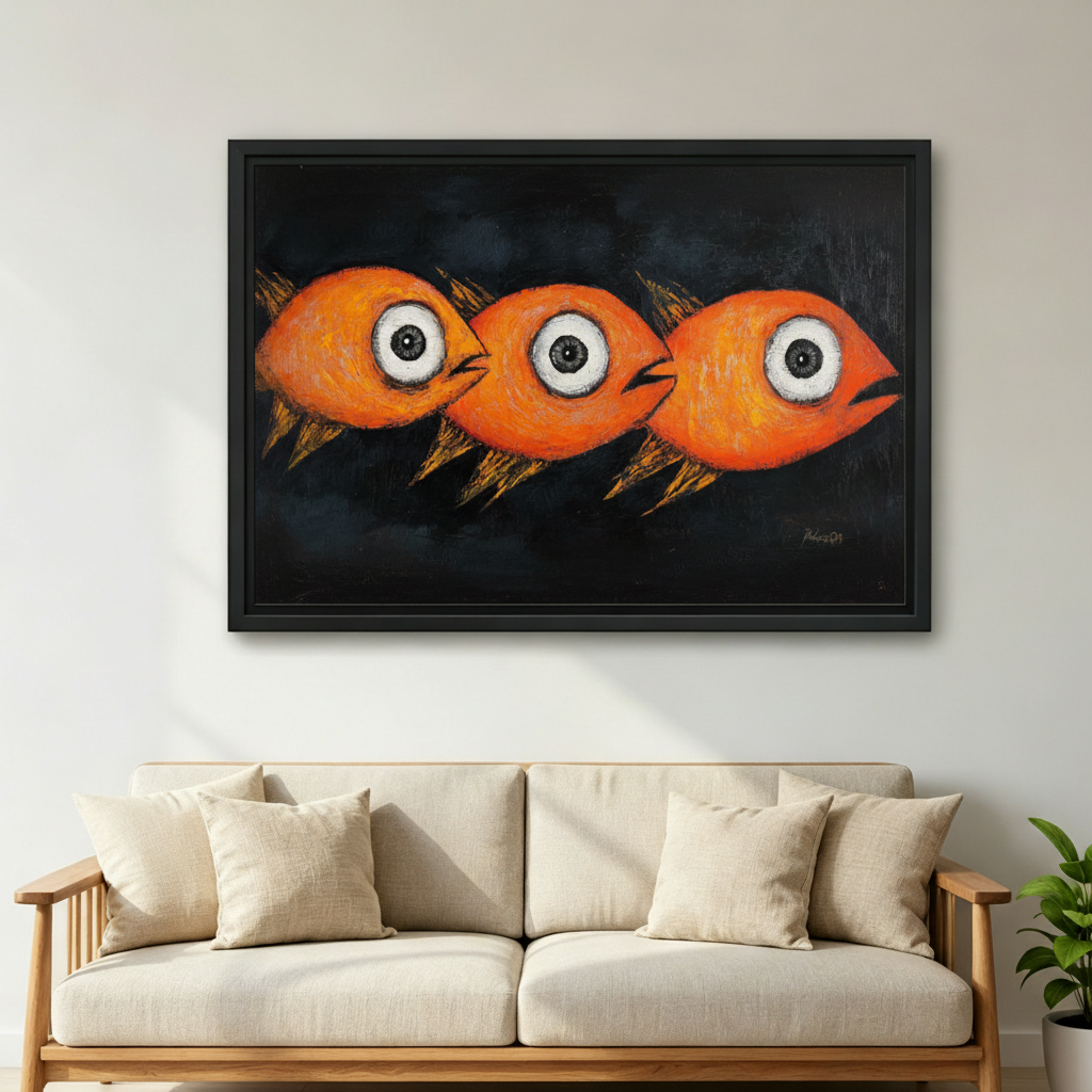  Bold three orange big eye goldfish expressionist framed wall art above linen sofa, quirky dark fish canvas for Scandinavian living room