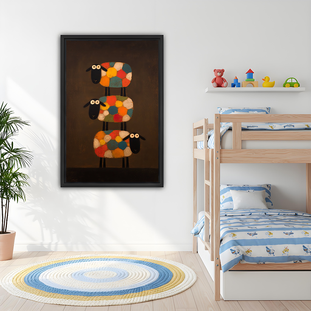 Whimsical Patchwork Sheep Canvas Wall Art | Framed & Unframed l5111