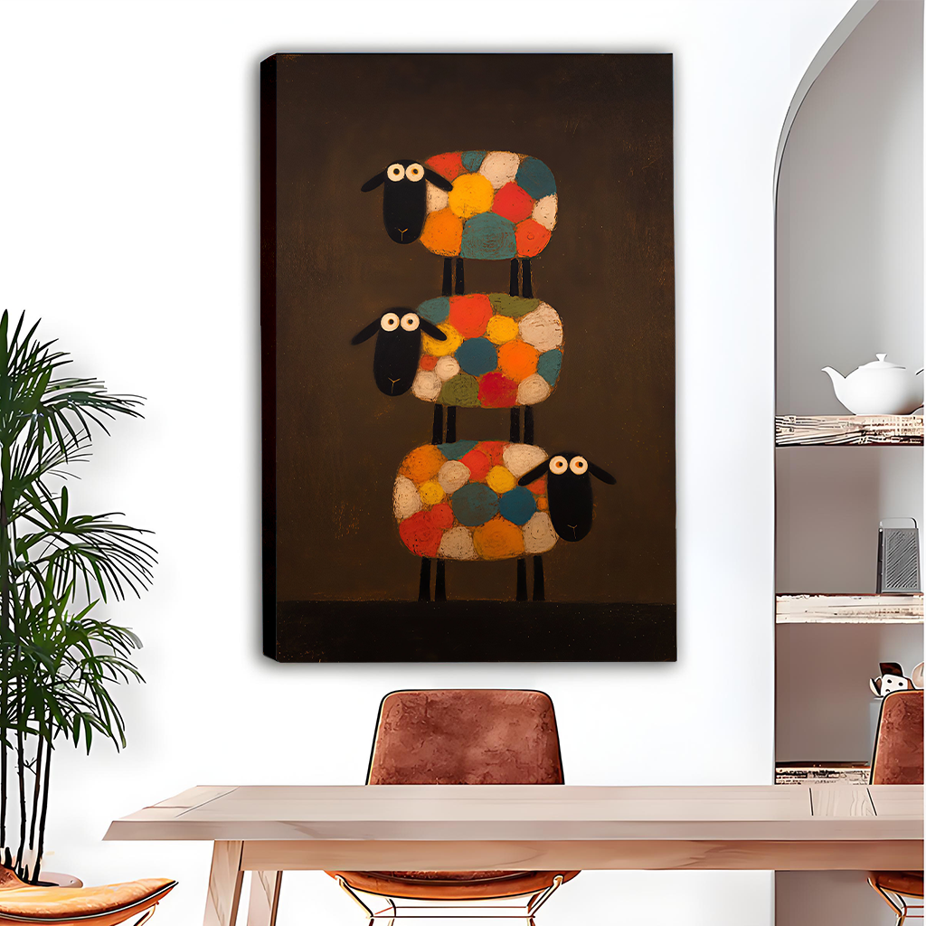 Whimsical Patchwork Sheep Canvas Wall Art | Framed & Unframed l5111