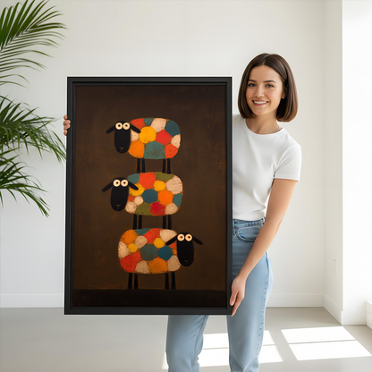 Whimsical Patchwork Sheep Canvas Wall Art | Framed & Unframed l5111