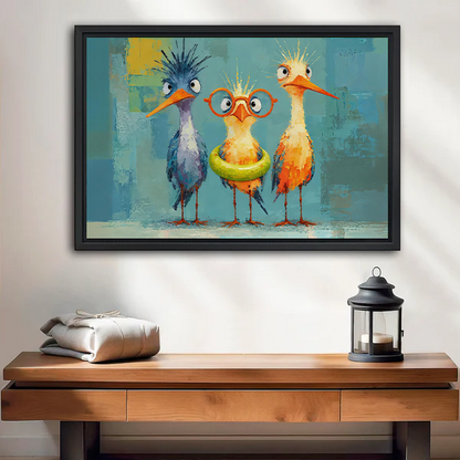 Whimsical three quirky birds canvas wall art with a teal background, displayed in a black frame above a cream sofa.