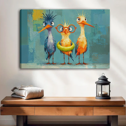 Gallery-wrap three quirky birds canvas wall art featuring orange glasses and a green swim ring above a wooden console.