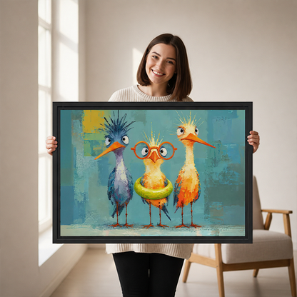 Woman holding framed three quirky birds canvas wall art showing colorful spiky-feathered birds against a textured teal background.
