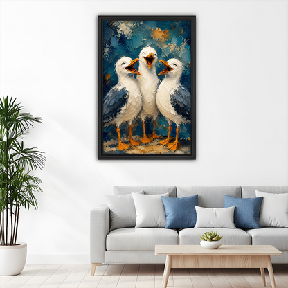 Black-framed three seagulls canvas wall art hangs above a dining table beside an arched alcove.