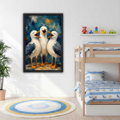Framed three seagulls canvas wall art hangs beside a wooden bunk bed in a bright room.
