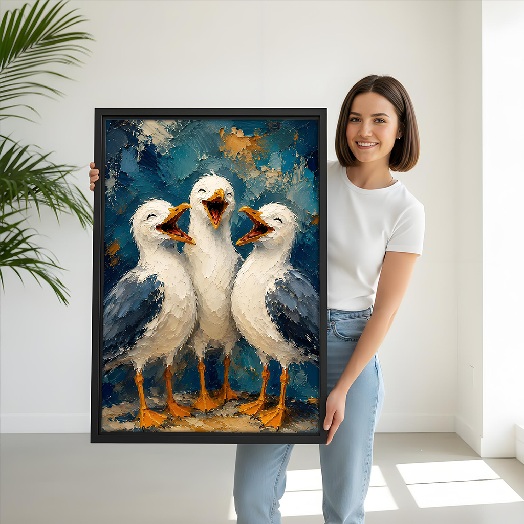 Framed three seagulls canvas wall art with lively brushstrokes hangs above a light sofa.