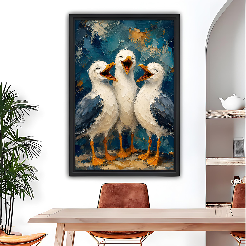 Gallery-wrap three seagulls canvas wall art with open beaks hangs above a dining table.