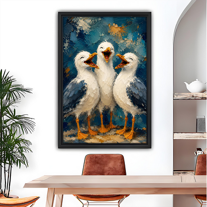 Gallery-wrap three seagulls canvas wall art with open beaks hangs above a dining table.