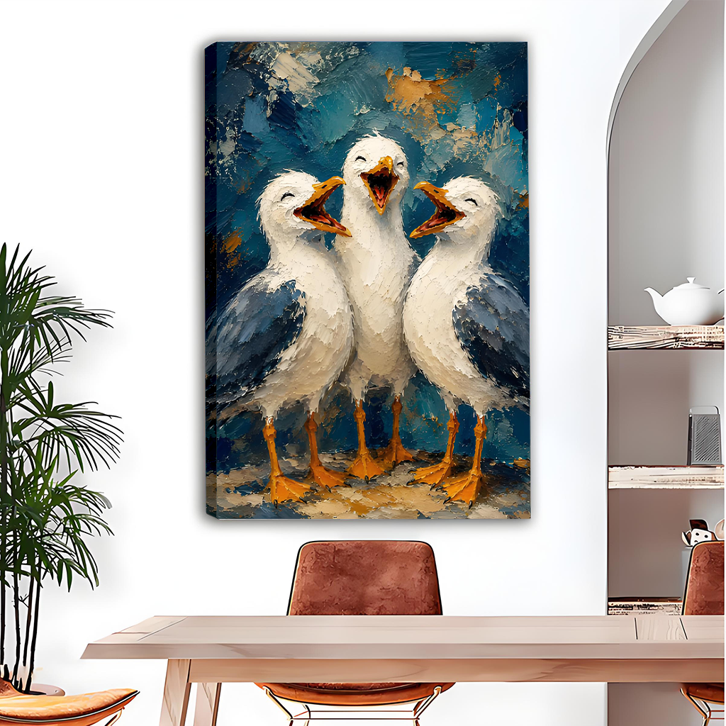 Woman holds framed three seagulls canvas wall art with textured blue background and orange feet.