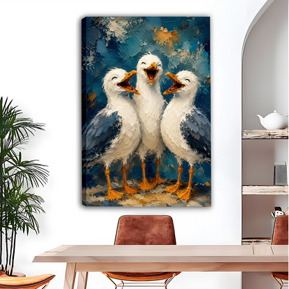 Woman holds framed three seagulls canvas wall art with textured blue background and orange feet.