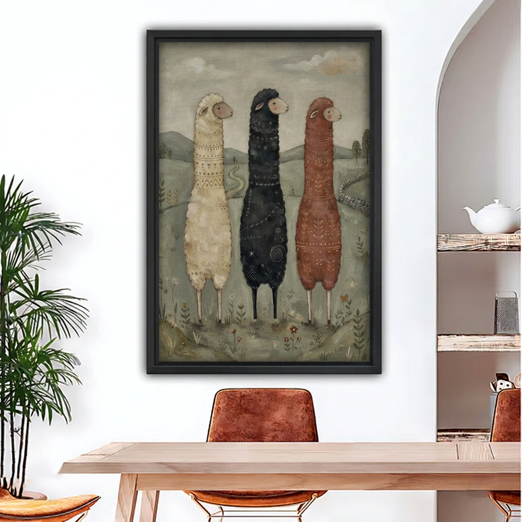 Black-framed folk art three sheep canvas wall art above a wooden dining table