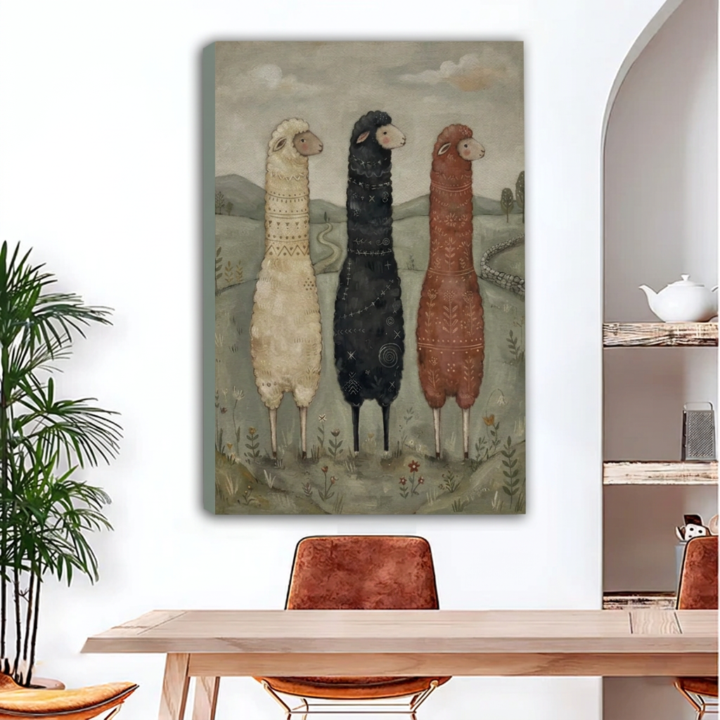 Gallery-wrap three sheep canvas wall art with visible left-edge depth above a dining table