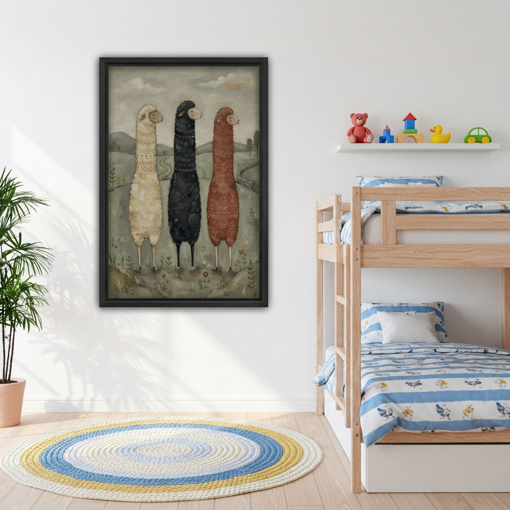 Framed folk art three sheep canvas wall art beside wooden bunk beds in a kids’room
