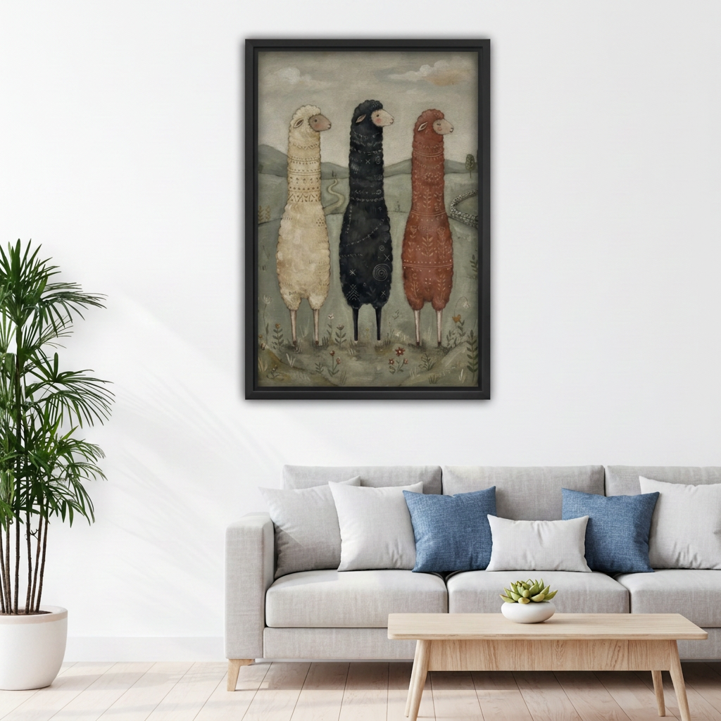 Primitive folk art three sheep canvas wall art above a gray sofa with blue cushions