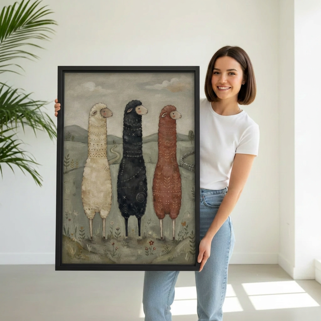 Model holding framed folk art three sheep canvas wall art for size reference