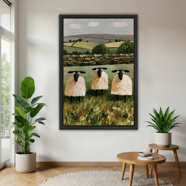 Rustic three sheep canvas wall art in a black frame above a cream sofa in a bright living room.
