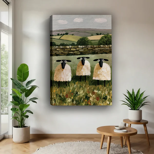 Black-framed three sheep canvas wall art showing green fields and a stone wall between potted plants.