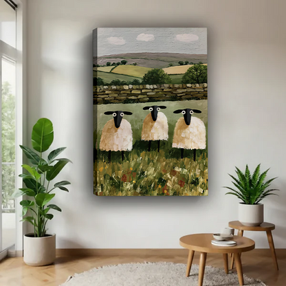 Black-framed three sheep canvas wall art showing green fields and a stone wall between potted plants.