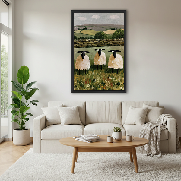 Gallery-wrap three sheep canvas wall art with cream fleece, rolling green fields and a gray sky.