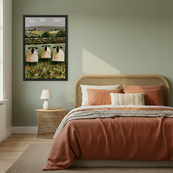 Woman holding black-framed three sheep canvas wall art featuring a grassy meadow and rustic stone wall.