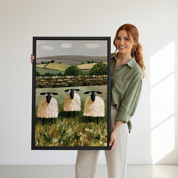 Framed three sheep canvas wall art on a sage bedroom wall beside a rattan bed.