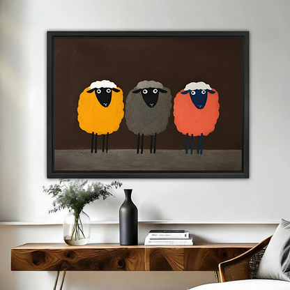 Woman holding framed three sheep wall art to show the print size in a living room