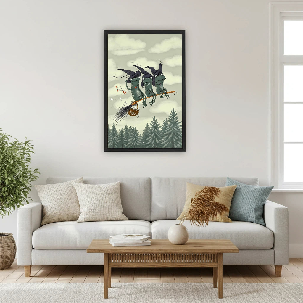 Three whimsical witch frogs riding broomstick framed canvas print above sofa in cozy Scandinavian living room