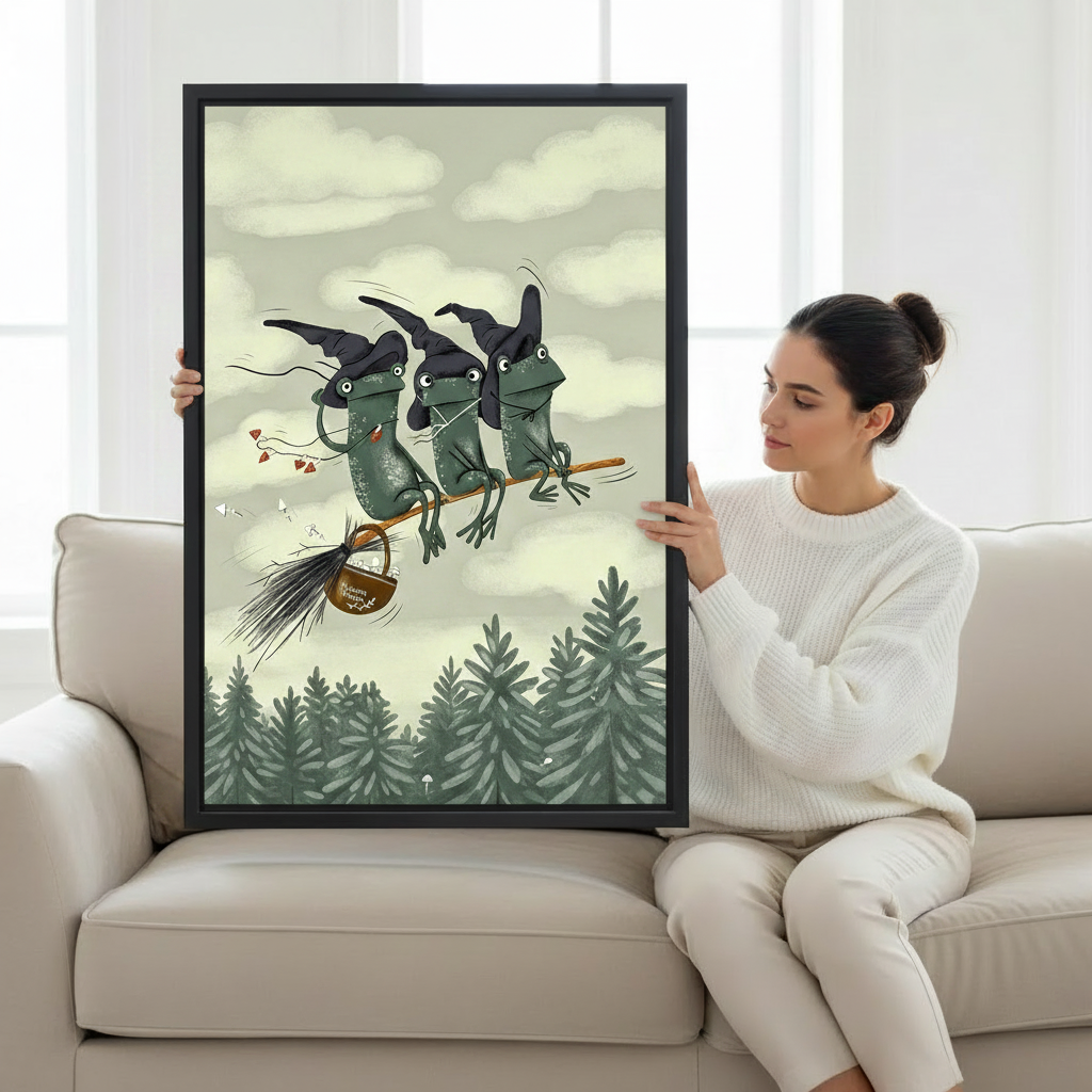 Woman holding large three witch frogs broomstick framed canvas art showing size reference on white sofa