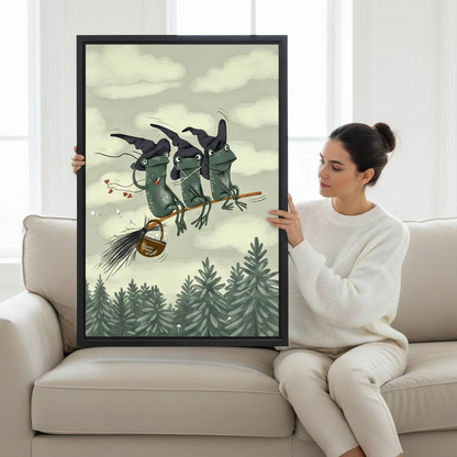 Woman holding large three witch frogs broomstick framed canvas art showing size reference on white sofa