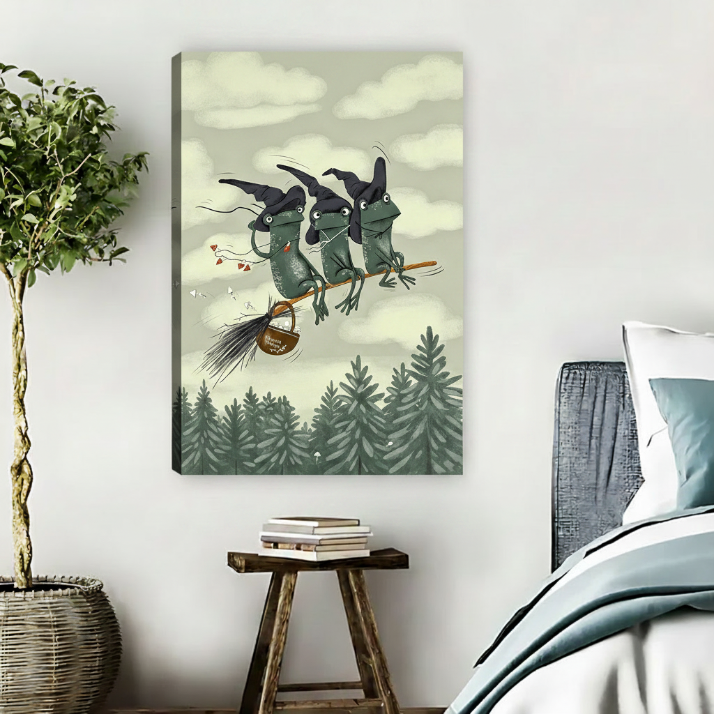Three witch frogs broomstick fantasy gallery wrap canvas art displayed in cozy bedroom with natural wrap finish	