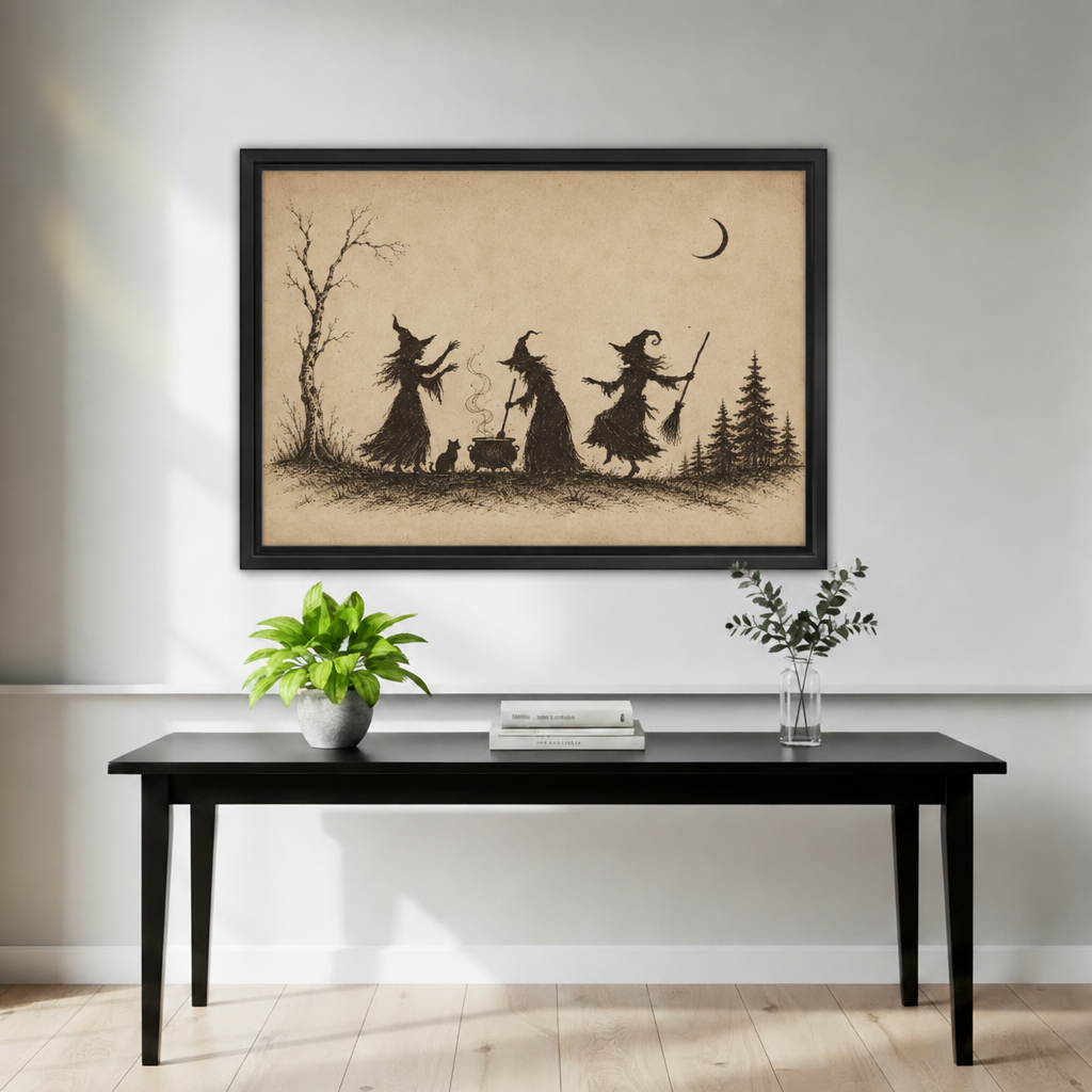 Three witch silhouettes in pointed hats around steaming cauldron with black cat and crescent moon beside bare tree framed canvas above black console table