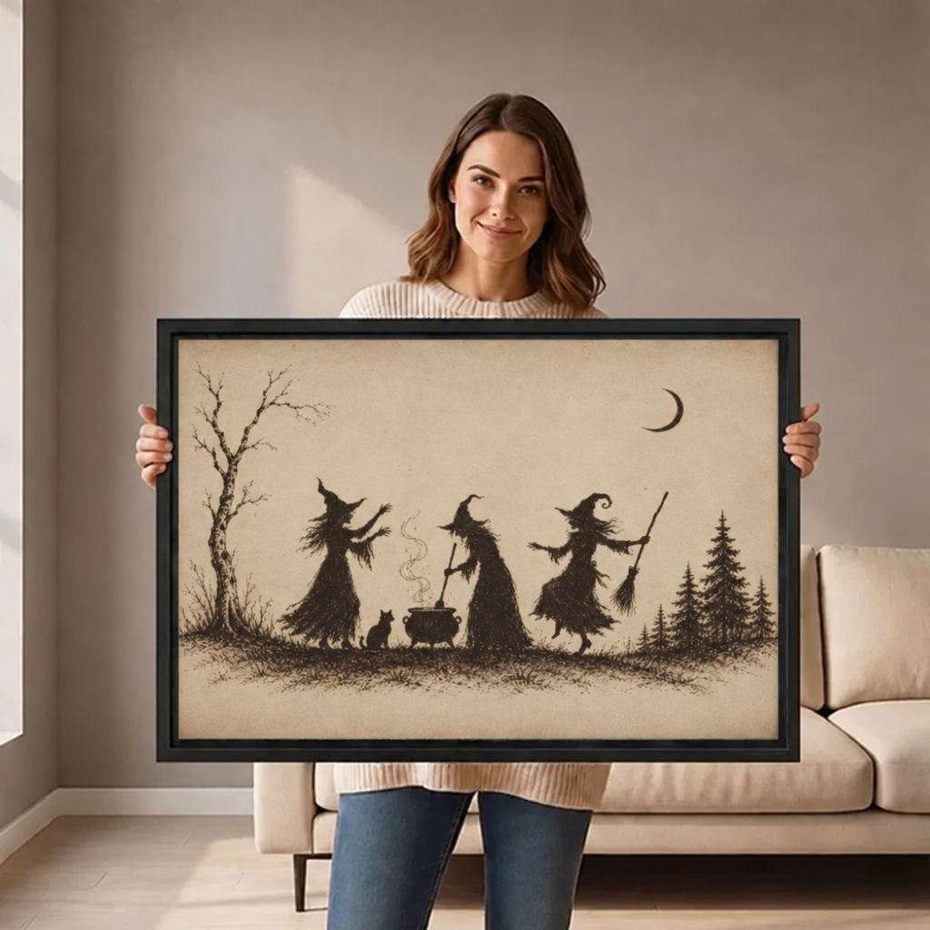 Woman holding horizontal framed canvas of vintage sepia ink sketch of three witch silhouettes around steaming cauldron with black cat and crescent moon