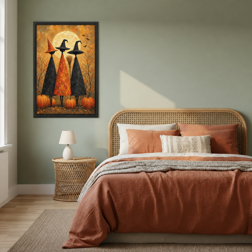 Framed three witches full moon canvas wall art displayed above a rattan bed